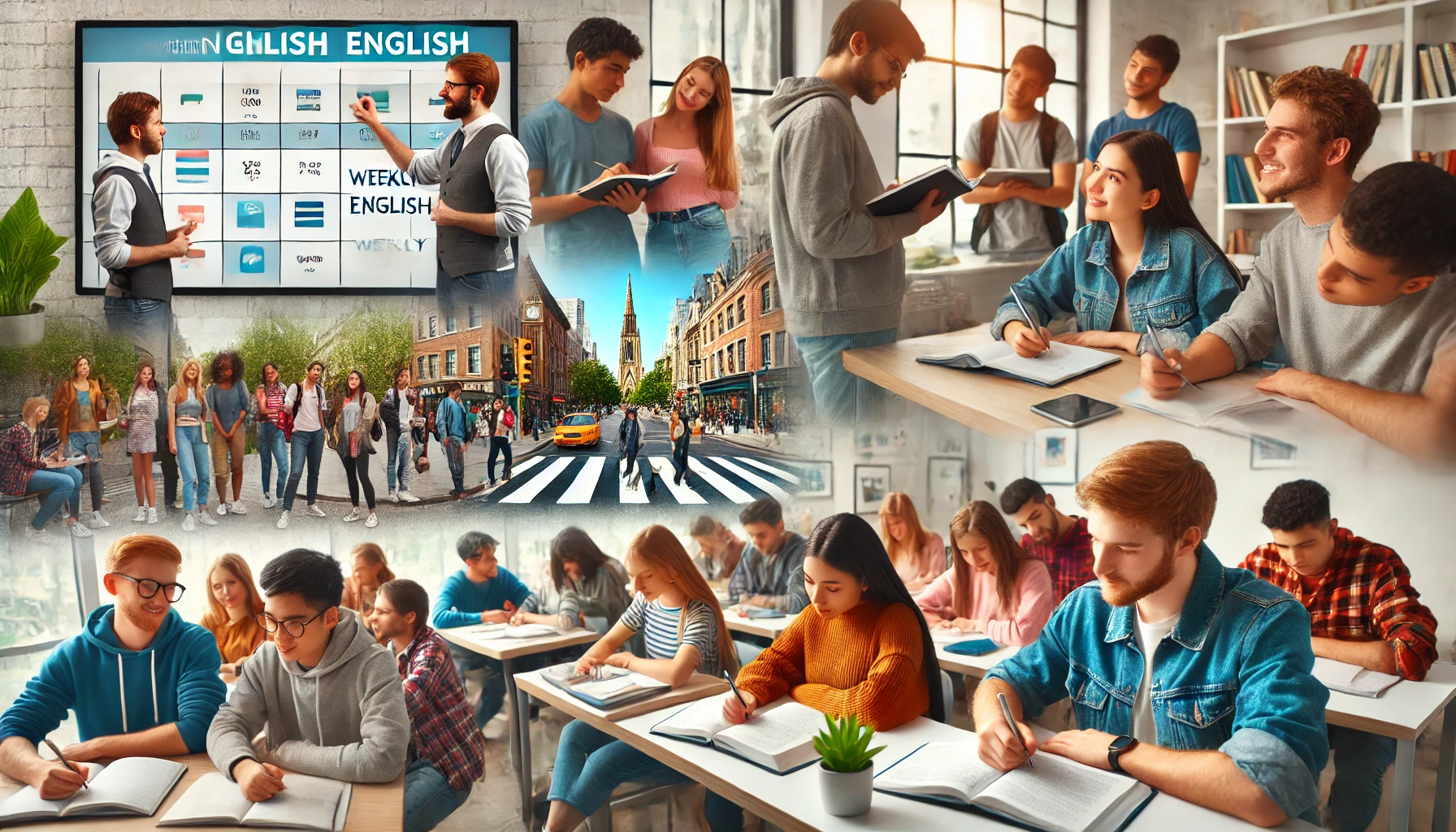 Students at Oakhill English School actively learning English through interactive lessons, improving language skills with an engaging English course and real-world practice.